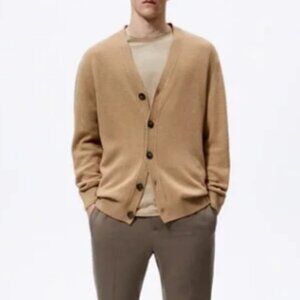 ZARA MENS XL TAN KHAKI WOOL CASHMERE BLEND V NECK CARDIGAN SWEATER